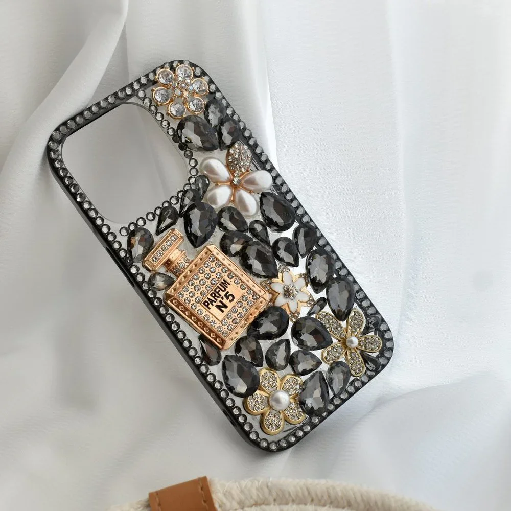 Diamond Encrusted Silicone Black iPhone case with Perfume bottle - iPhone 14/13